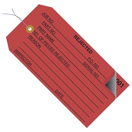 Bsc Preferred 4 3/4 x 2-3/8'' - ''Rejected'' Inspection Tags 2 Part - Numbered 000 - 499 - Pre-Wired, 500PK BUY00030769